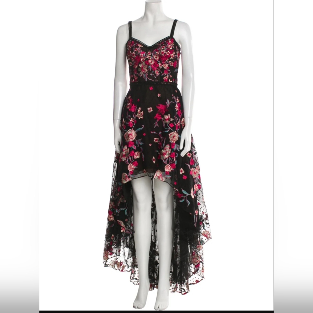 Marchesa Black and Pink Floral High Low Gown